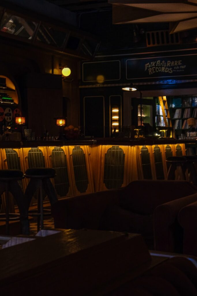a dimly lit bar with chairs and tables